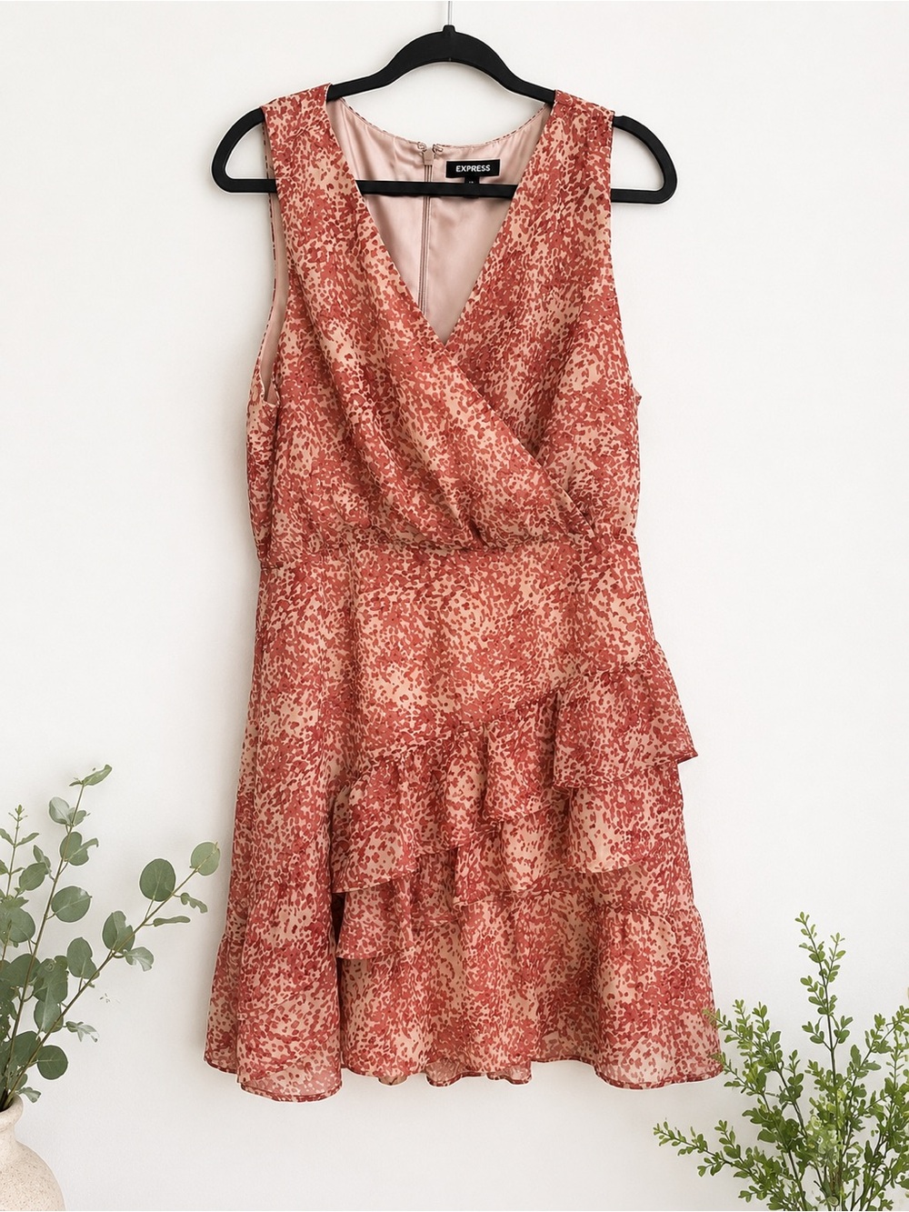 Express Pink Rust Floral Ruffle Wrap Mini Dress